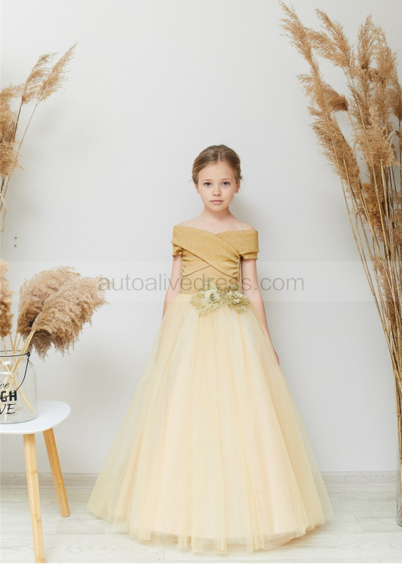 Off Shoulder Gold Lurex Tulle Flower Girl Dress